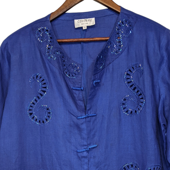 VTG Couture 100% Linen Royal Blue Open Frog Button Front Tunic Beading Artsy 16 - Picture 3 of 11